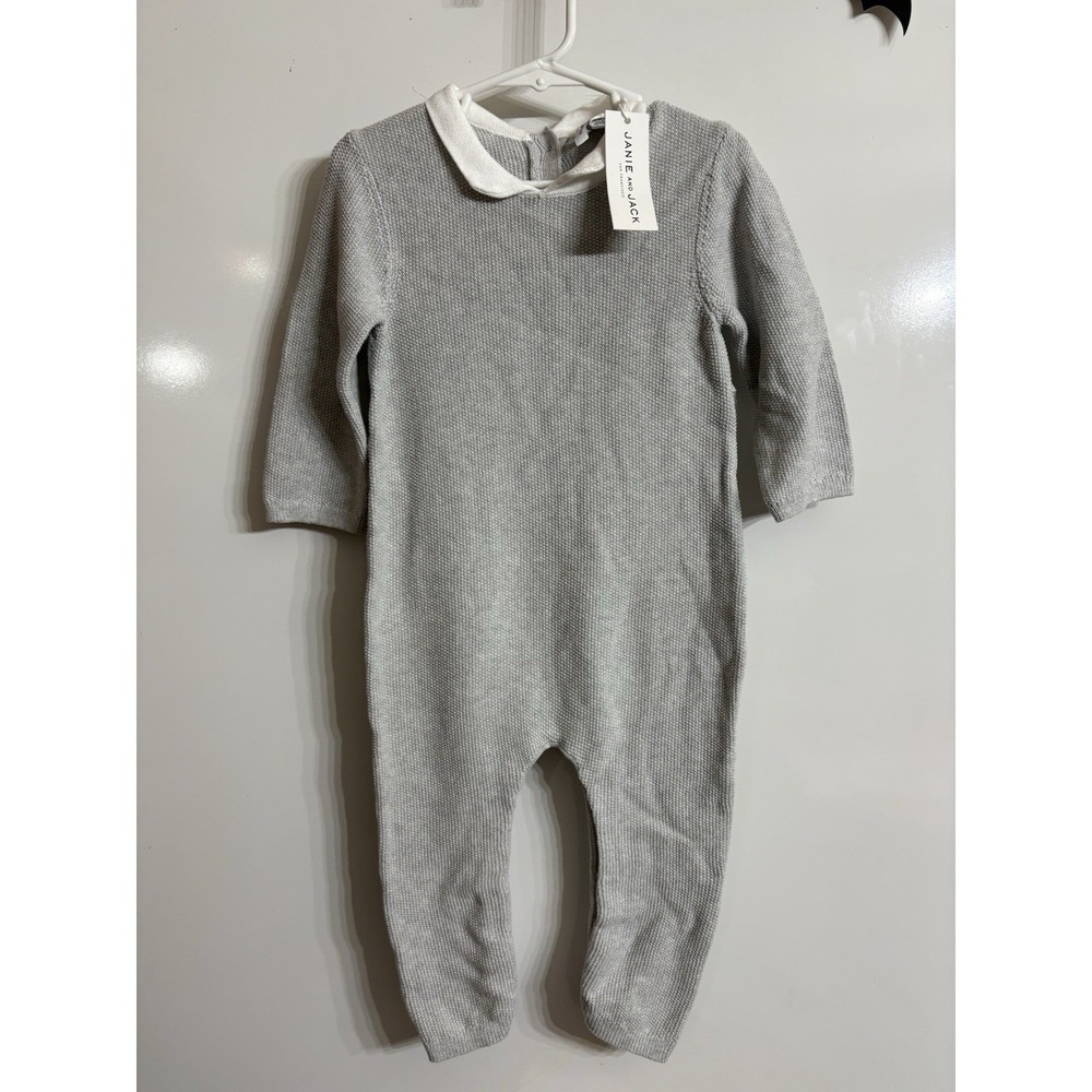 Jane and Jack Baby Knit Romper Gray White Collar Long Sleeve One-Piece‎